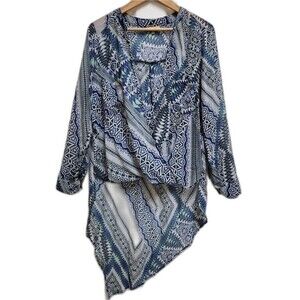 Democracy Top Women L Blue Surplice V Neck Sheer Hi Low Scarf Hem Roll Tab Boho